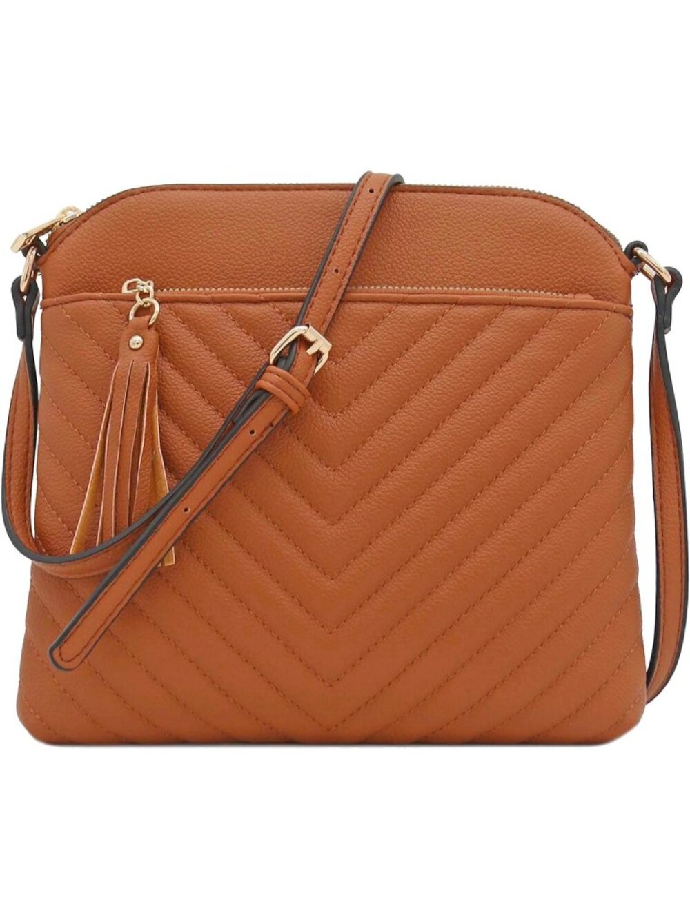 Women's Dark Tan Chevron Quilted Medium Tassel Accent Shoulder Crossbody Bag